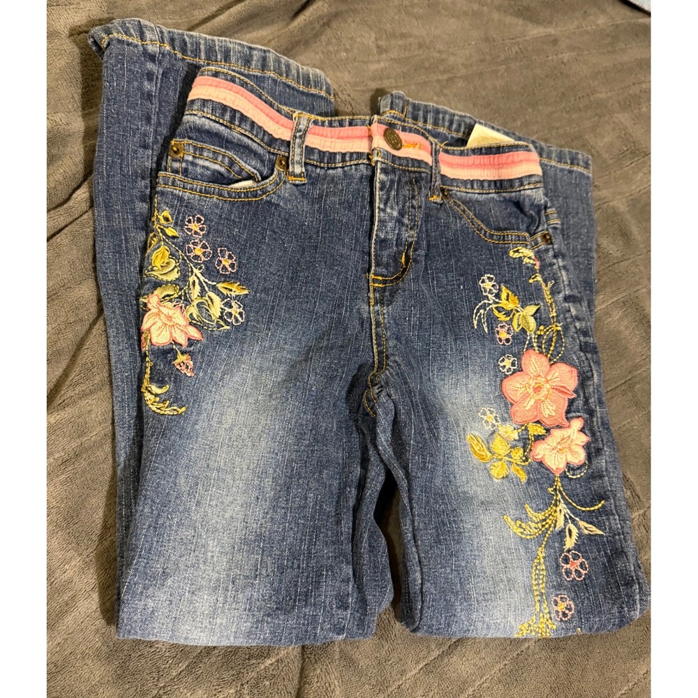 Mary-Kate and Ashley Girls Blue Floral Embroidered Flare Jeans Size 7 Y2K Retro